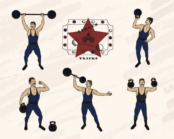 Objetos Vectoriales Establecidos Hombres Fuertes Con Bigote Actuación Circo Retro — Vector de stock