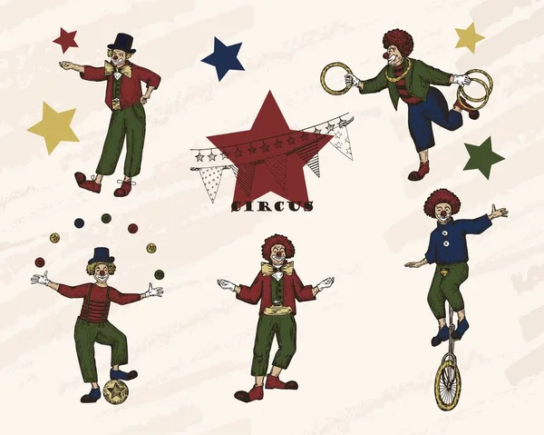 Retro Zirkusaufführung Skizze Stilvektorillustration Handgezeichnete Imitation Clowns Legen Los Vektorobjekte — Stockvektor