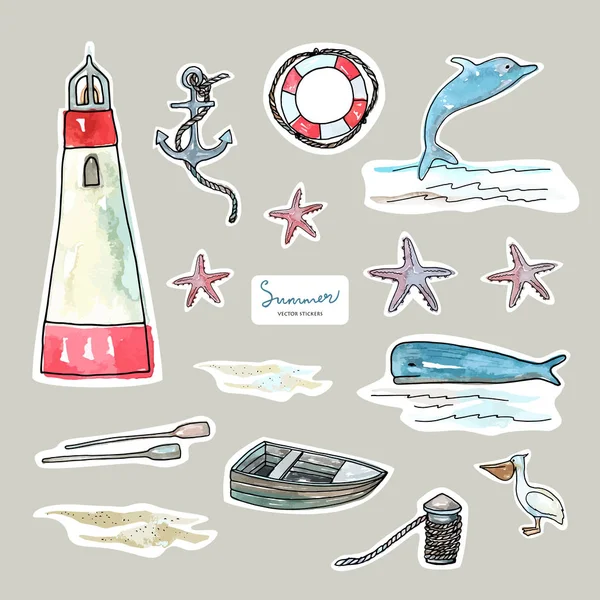 Vector Stickers Design Marine Objects Set Pen Drawing Watercolor Style — Stock Vector