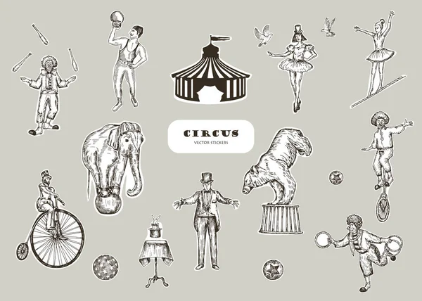 Retro Circus Prestaties Instellen Schets Stile Vectorillustratie Hand Getekend Imitatie — Stockvector