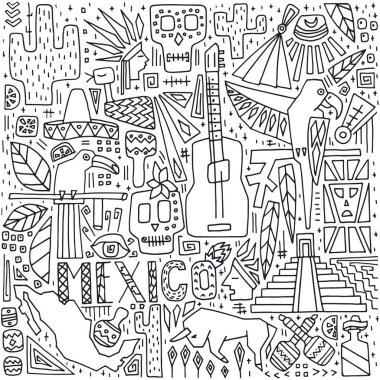 Elle çizilmiş şekil. Vektör nesneleri kümesi. Meksika kültür. Doodle stil kroki.