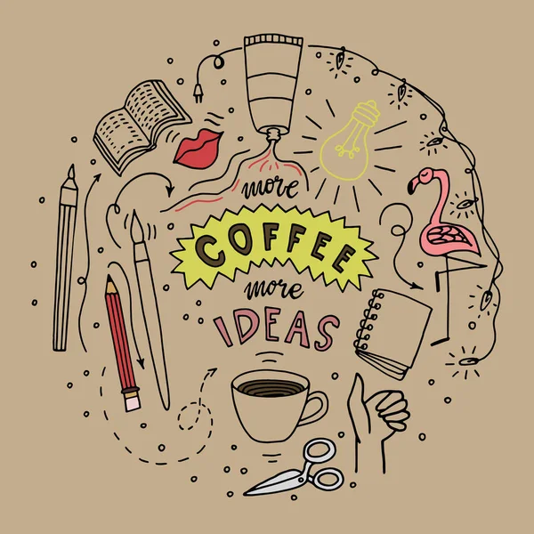 Doodle Styl Ilustracji Rysowania Ręcznego Czas Kawy Kreatywne Pomysły Zestaw — Wektor stockowy