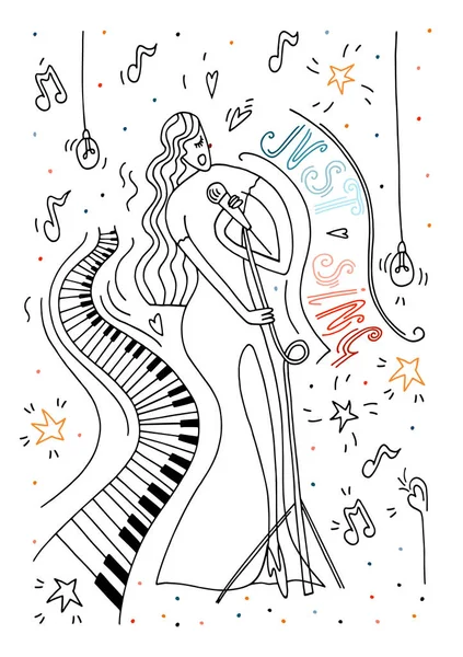 Ilustración Vectorial Boceto Doodle Cantando Mujeres Vestidas Rojo Música Vivo — Vector de stock