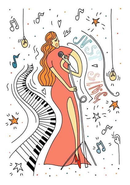 Ilustración Vectorial Boceto Doodle Cantando Mujeres Vestidas Rojo Música Vivo — Vector de stock
