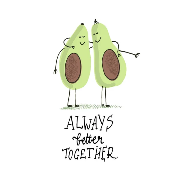 Ilustración Vectorial Dos Amigos Abrazando Aguacate Cita Dibujo Dibujo Aguacate — Vector de stock