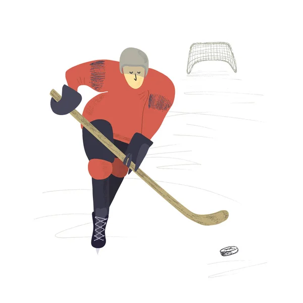 Stylized hockey player on ice background. Vector hand drawn illustration.