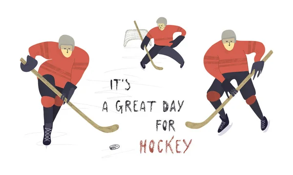 Stylized hockey players on ice background. Vector hand drawn illustration.