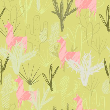 Kalem stil kaktüs kümesi ve pembe Lama arka plan. Dikişsiz desen unsuru. Vektör çizim.