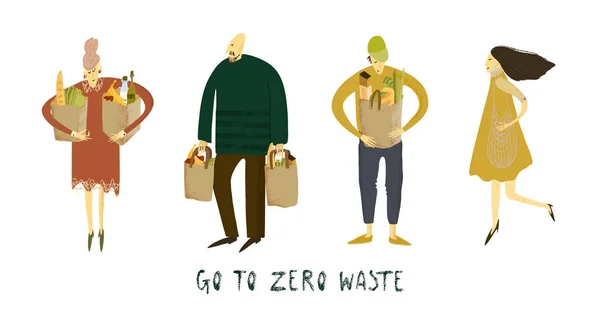 Zero waste life. Eco style. No plastic. Go green. People with eco bags. Hand drawn vector illustration.