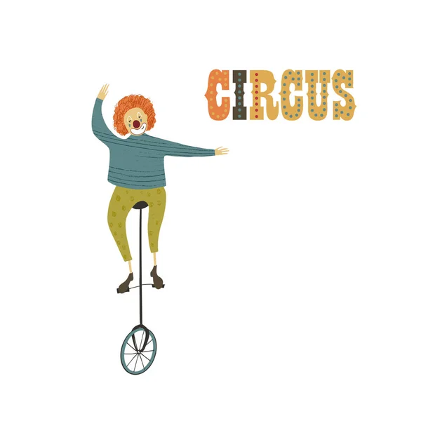 Ilustração vetorial. Imitação desenhada à mão. Palhaço de bicicleta de circo. Desempenho do circo . — Vetor de Stock