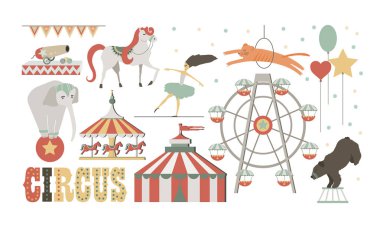 Circus performans seti. İnsan ve hayvanların tasarım unsurları. Vektör Illustration