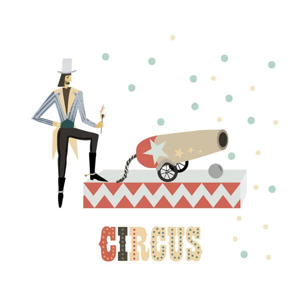 Spettacolo di circo. Imitazione disegnata a mano. Un uomo armato. Illustrazione vettoriale . — Vettoriale Stock
