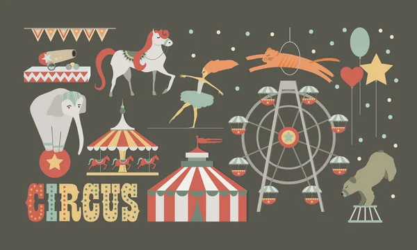 Spectacle de cirque. Éléments de conception humains et animaux . — Image vectorielle