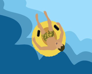 Havuzda sarı tüpteki adam. Yaz eğlencesi. Aqua Park Yüzme Havuzu. Vektör Illustration.