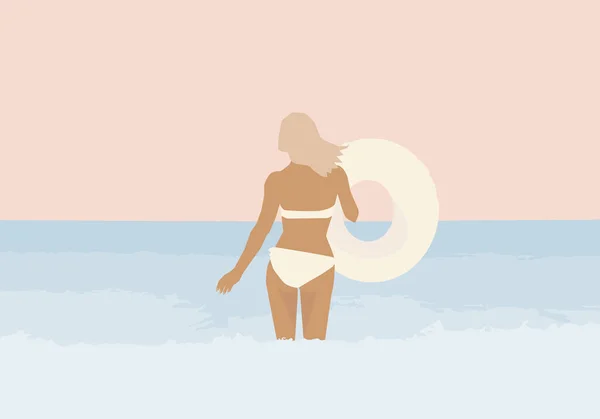 ベクトル フラット イラスト。海背景にインフレータブル リングと水着の女の子. — ストックベクタ
