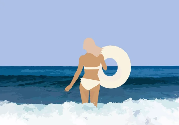 Meisje in een badpak met een opblaasbare ring op de zee achtergrond. Vector illustratie. — Stockvector