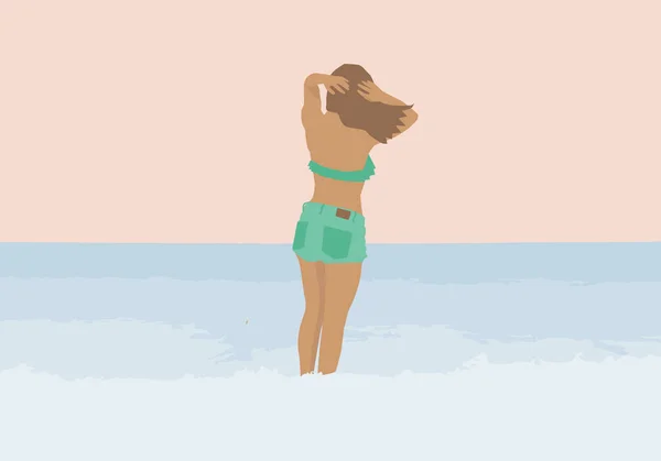 Girl in a swimsuit and jean shorts on the sea background. Vector flat illustration. — Stock Vector