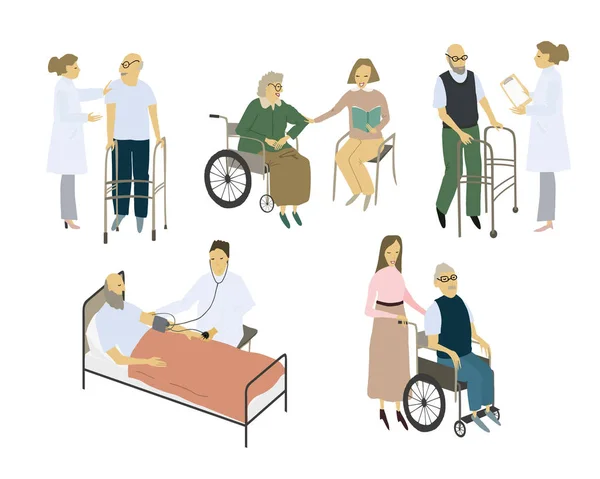Stylized people set. Care for the elderly. Vector flat illustration. — Stock Vector