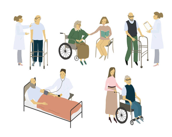 Stylized people set. Care for the elderly. Vector flat illustration.