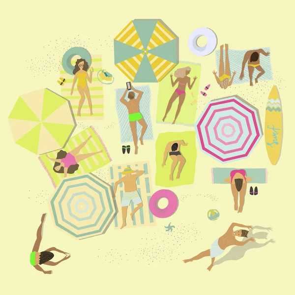 Personas acostadas en mantas o toallas en la arena de la playa. Hombres y mujeres relajándose en el resort de verano. Ilustración plana del vector . — Archivo Imágenes Vectoriales