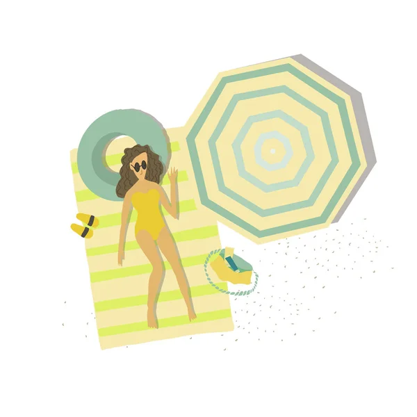 Mujeres acostadas en una manta en el resort de verano. Anillo inflable, paraguas, bolsa. Ilustración plana del vector . — Archivo Imágenes Vectoriales