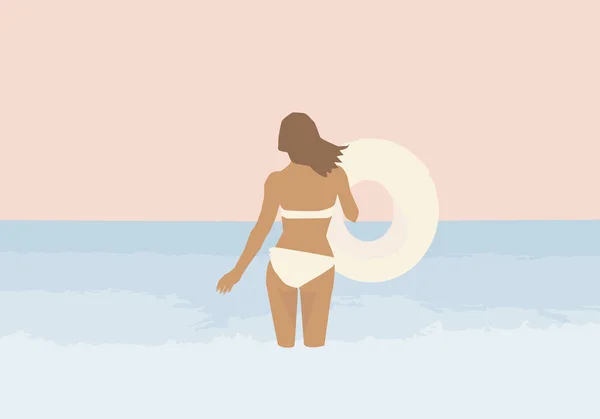 Girl in a swimsuit with an inflatable ring on the sea background. — Stock Vector
