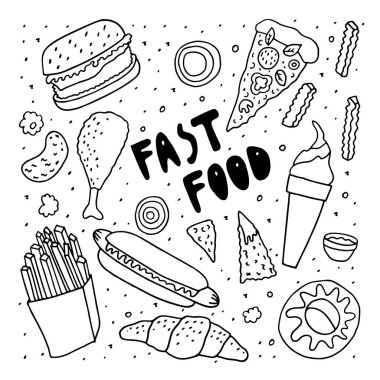 Fast food doodle kroki . Freehand tek renkli çizim . Burger tavuk bacak dondurma çörek kruvasan kızartması sosisli pizza