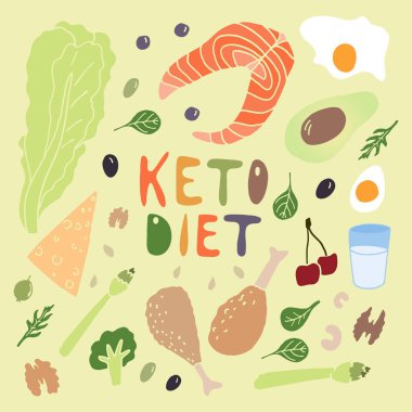 Keto diyet konsepti . Doodle tarzı vektör illüstrasyon . Freehand renk çizimi .