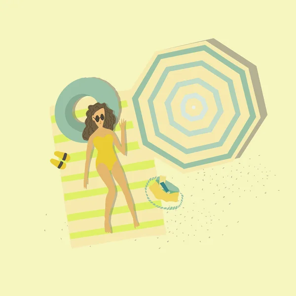 Mujeres acostadas en una manta en el resort de verano. Anillo inflable, paraguas, bolsa. Ilustración plana del vector . — Vector de stock