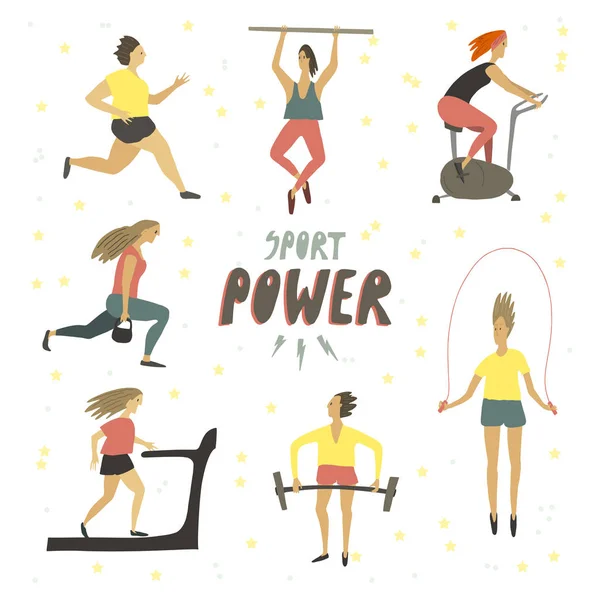 Donna ragazza che fa esercizi sportivi. Sport power testo disegnato a mano. Uno stile di vita sano. Illustrazione vettoriale di disegno a mano libera — Vettoriale Stock