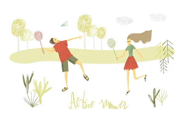 Chico y chica jugando bádminton. Fondo de naturaleza — Vector de stock