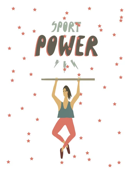 Mulher a fazer exercícios desportivos. Esporte poder mão texto desenhado. Estilo de vida saudável. Desenho à mão livre ilustração vetorial —  Vetores de Stock