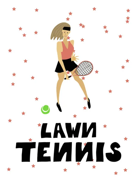 Giocatore di tennis ragazza Donna con racchetta e palla Illustrazione vettoriale mano libera — Vettoriale Stock