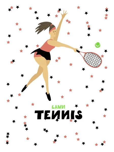 ラケットとボールフリーハンドベクトルイラストを持つテニスプレーヤーの女の子 — ストックベクタ