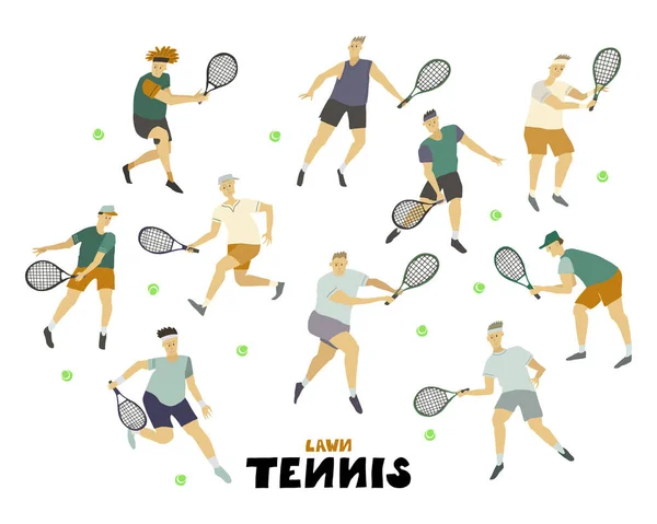 Τένις παίκτης άνθρωπος σετ αγόρια με ρακέτα και μπάλα ανθρώπινη φιγούρα σε κίνηση — Διανυσματικό Αρχείο