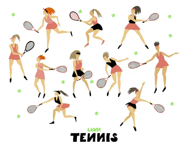 Tennis set ragazze Donna con racchetta e palla Figura umana in movimento Illustrazione vettoriale mano libera — Vettoriale Stock