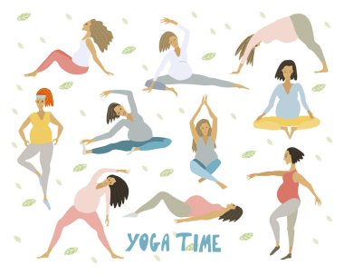 Yoga hamile kadınlar için. Göbekli sağlıklı kadınlar için. Farklı pozlarda yoga yapıyorlar.