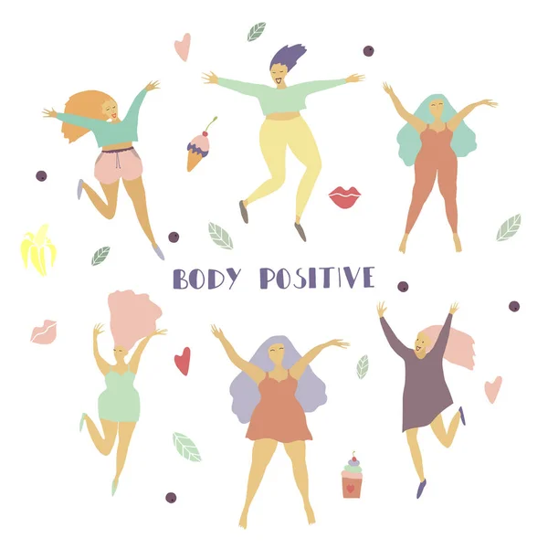 Lyckliga flickor och olika objekt som kvinna siffra i rörelse kropp positivt koncept — Stock vektor