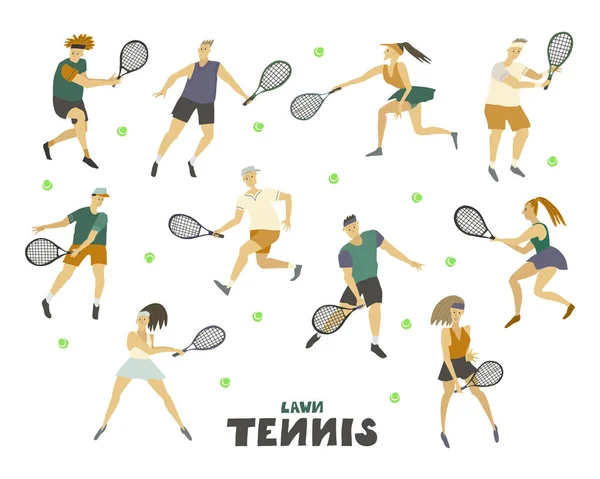 テニス選手男子女性は、動きでラケットとボール人間の姿で男の男の子の女の子を設定 — ストックベクタ