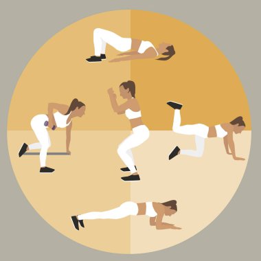 Spor kızlar simgeler. Çeşitli spor egzersizleri. Vektör düz çizim.