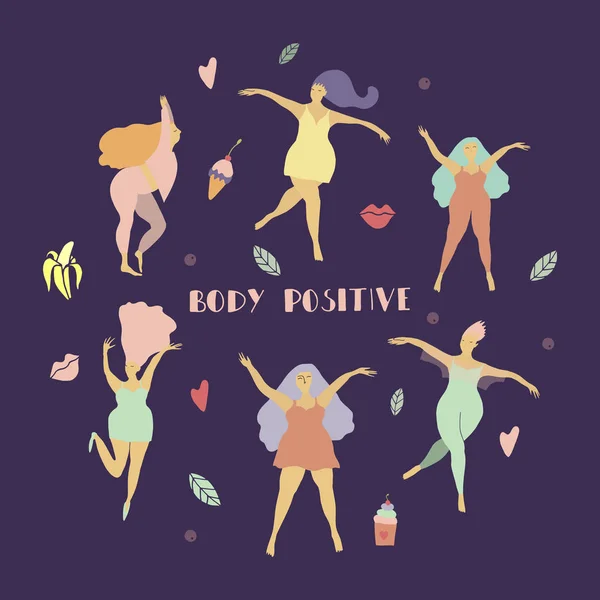 Concept de positivité corporelle. Filles heureuses Femme figure en mouvement — Image vectorielle