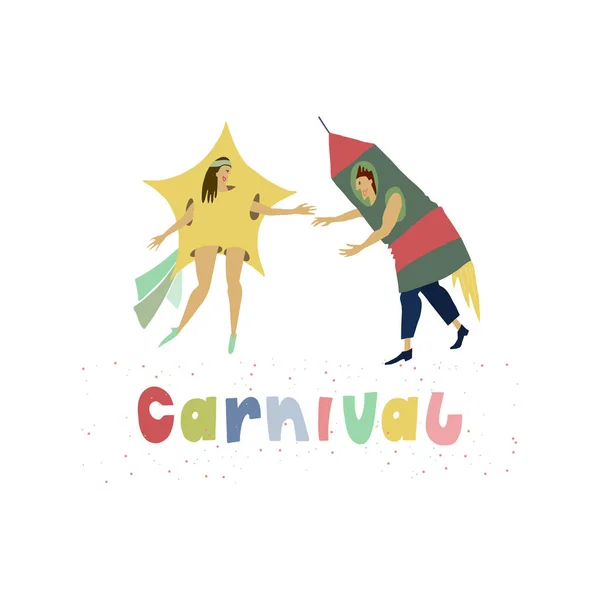 Hombre y mujer vestidos con divertidos disfraces de carnaval de cometa y cohete espacial. Leyenda multicolor con confeti festivo desde abajo — Vector de stock