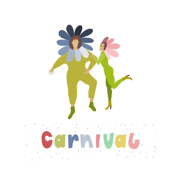 Man and woman dressed in funny carnival costumes of flowers . Multicolor caption with festive confetti from below — Stock Vector