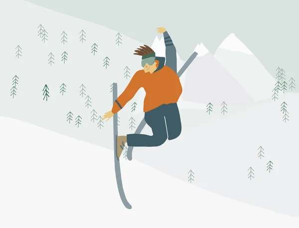 Muž na lyžích v horách lidská postava v pohybu — Stockový vektor