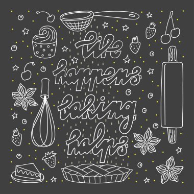 Doodle tarzı kroki . Freehand çizilmiş fırın sembolleri ve alıntı