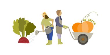 Küçük insanlar ve büyük sebze meyveleri. Komik bahçıvanlık. Yeşil sloganı git