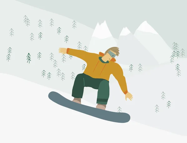 Homme en snowboard à flanc de montagne Figure humaine en mouvement — Image vectorielle