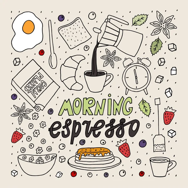Dibujo estilo Doodle. Carta espresso matutino con comida y bebida — Vector de stock