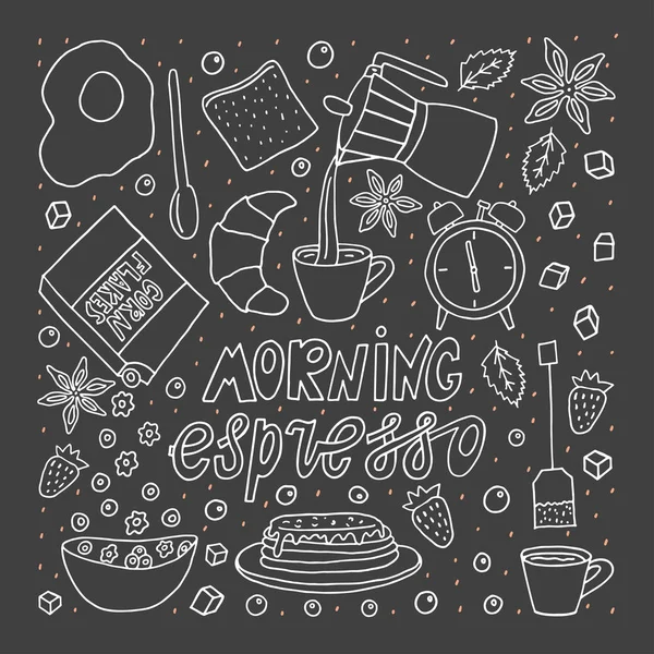 Doodle stil skiss. Morgon espresso bokstäver med mat och dryck element — Stock vektor