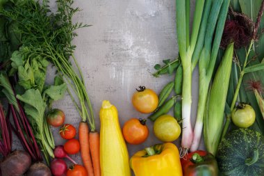 Renkli sebzeler eskip arka plan üzerinde ayarlayın. Gdo'suz büyüyen